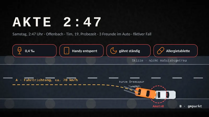 Folie: Akte 2:47, Unfallskizze mit vier Spuren: 0,4 Promille, Handy entsperrt, gähnt ständig, Allergietablette