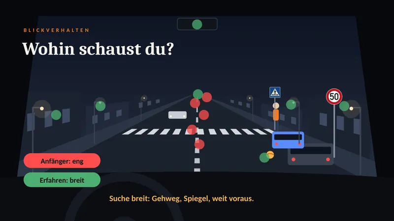 Folie: Wohin schaust du? Blickfeld eng und breit an einer Kreuzung