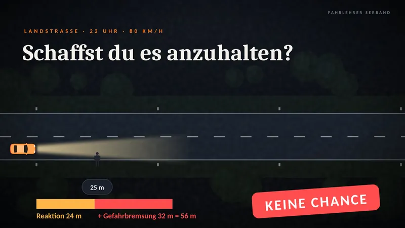 Folie: Schaffst du es anzuhalten? Landstraße nachts, 80 km/h, Abblendlicht